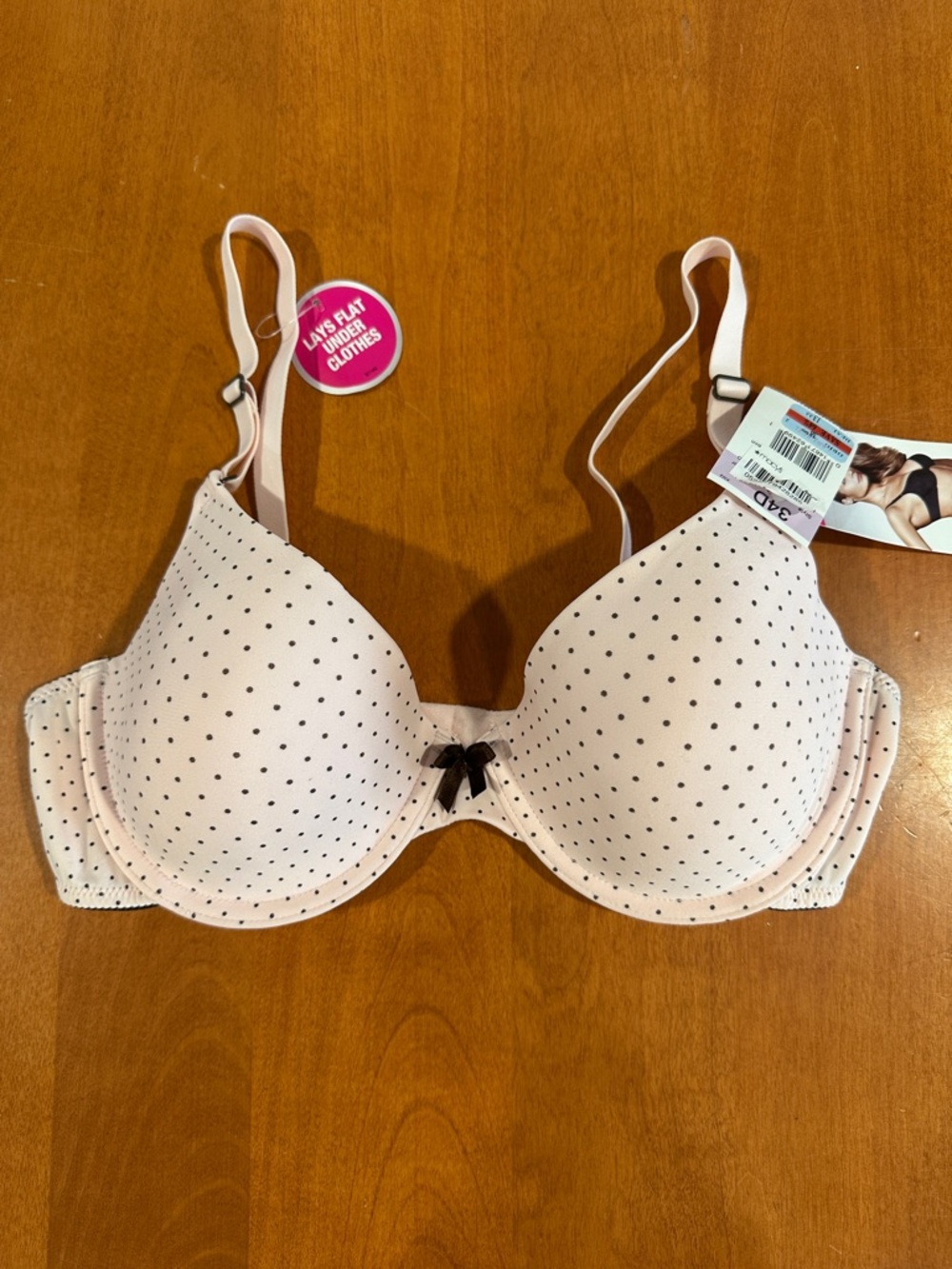 Maidenform Tshirt Bra 34D Pink Black Polka Dots One Fab Fit‎ 07959 NWT Lays Flat